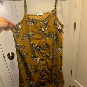 Mustard Feather Print Button-Down Dress